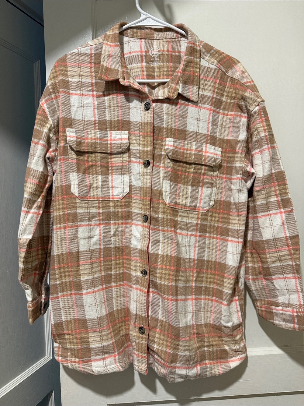wonder nation Brown and Cream Plaid Button-Up Shirt with Subtle Coral Accents
